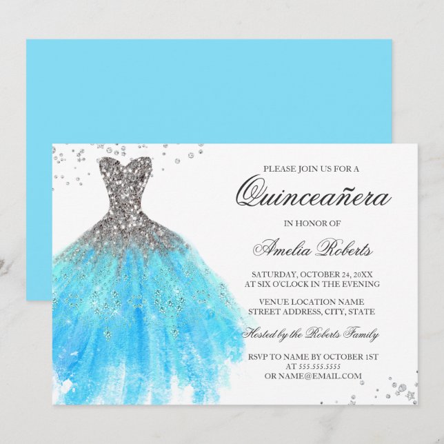 Robe bleu étincelante Quinceanera Invitation (Devant / Derrière)