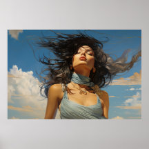 Robe bleue contre tableau bleu ciel
