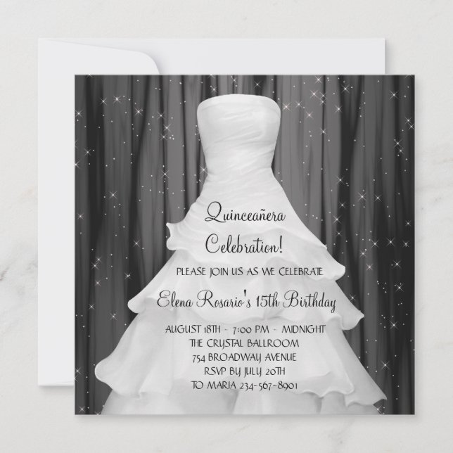Robe de fête Quinceanera blanc noir Invitations (Devant)