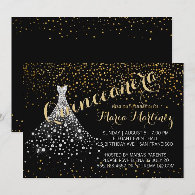 Robe Diamond Or Noir Quinceanera Invitation (Devant / Derrière)