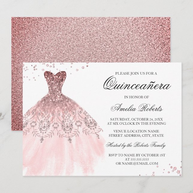 Robe d'or Rose étincelante Quinceanera Invitation (Devant / Derrière)