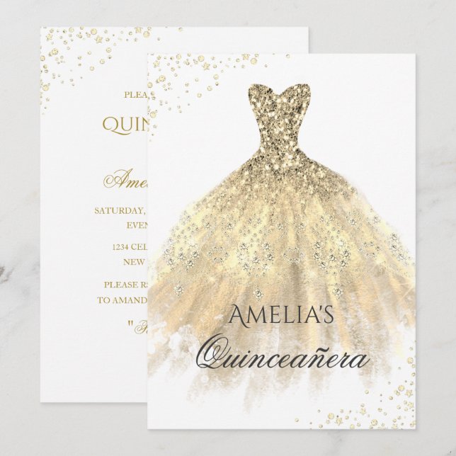 Robe d'or Sparkle Quinceanera Invitation (Devant / Derrière)