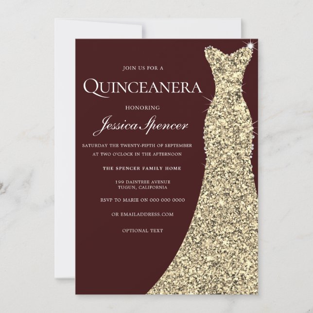 Robe dorée de Bourgogne Quinceanera Invitation du  (Devant)