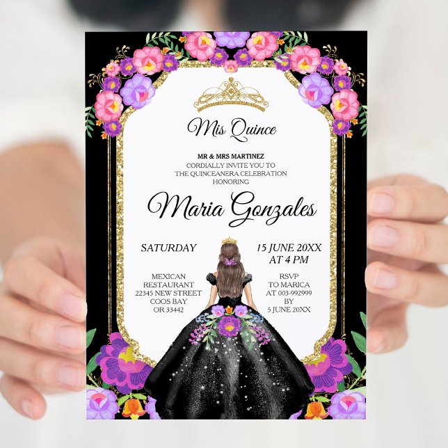 Robe noire et Rose Mis Quince Invitation (Créateur téléchargé)