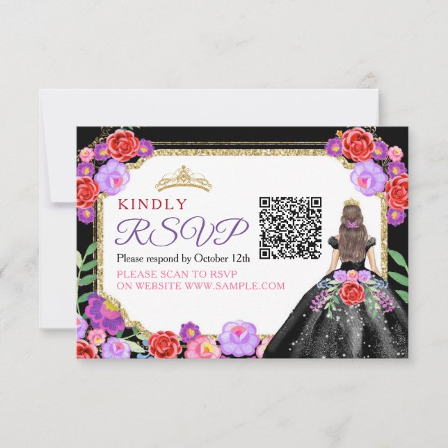 Robe noire Quinceañera mexicaine QR Carte RSVP (Devant)