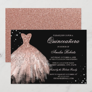 Robe noire rose or étincelle Invitation Quinceaner