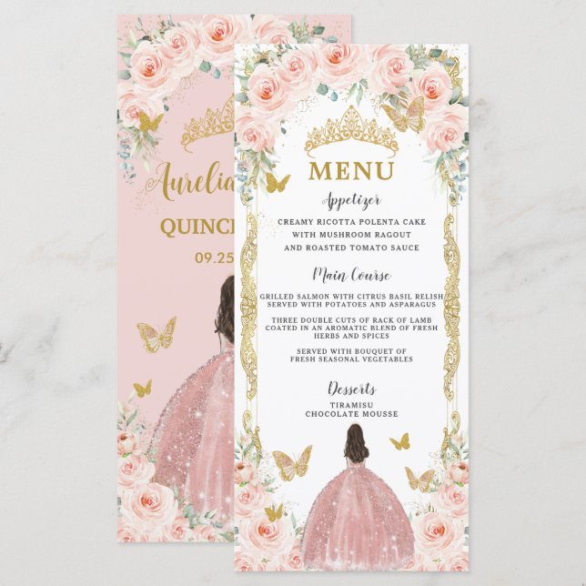Robe or Rose rose pâle Quinceañera Menu (Devant / Derrière)