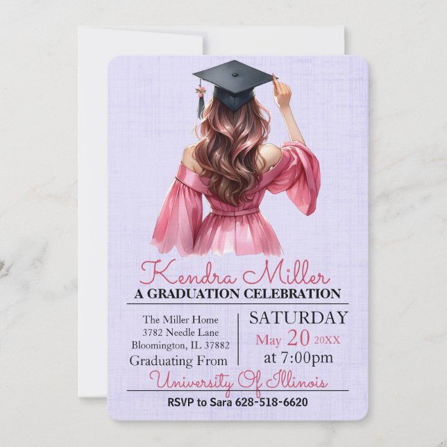 Robe rose Aquarelle Graduation Invitation (Devant)