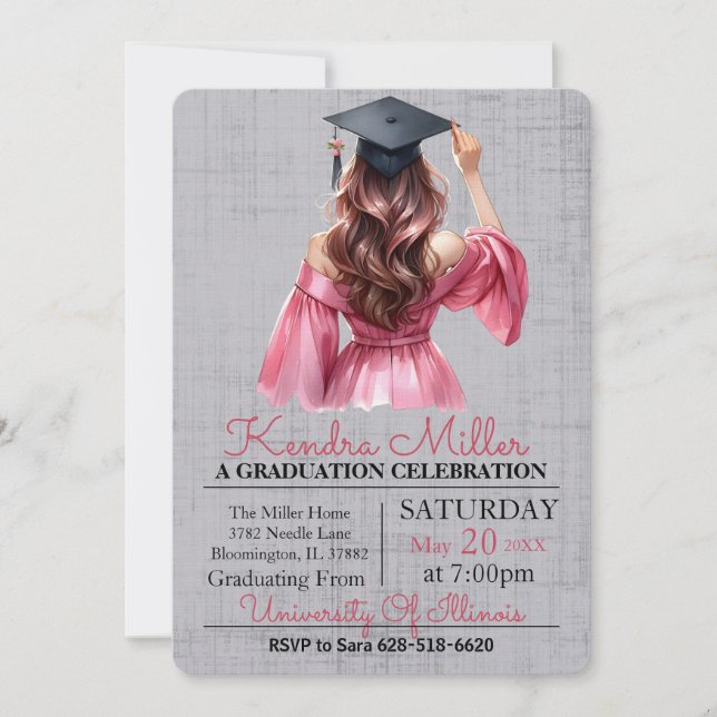 Robe rose Aquarelle Graduation Invitation (Devant)