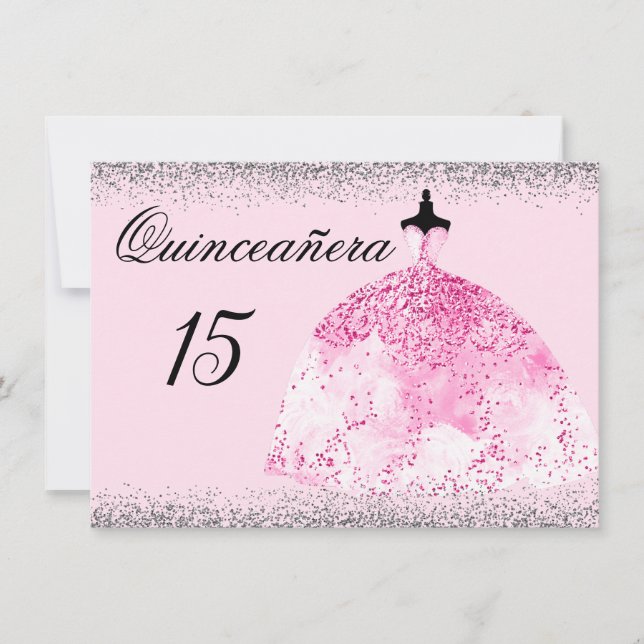 Robe rose Argent Confetti Quinceanera invitation (Devant)