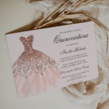 Robe rose or étincelante Quinceanera Invitation