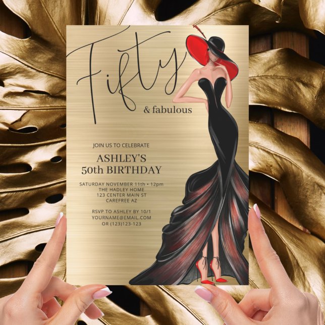 Robe rouge 50 et Fabulous Gold Birthday Invitation (Créateur téléchargé)