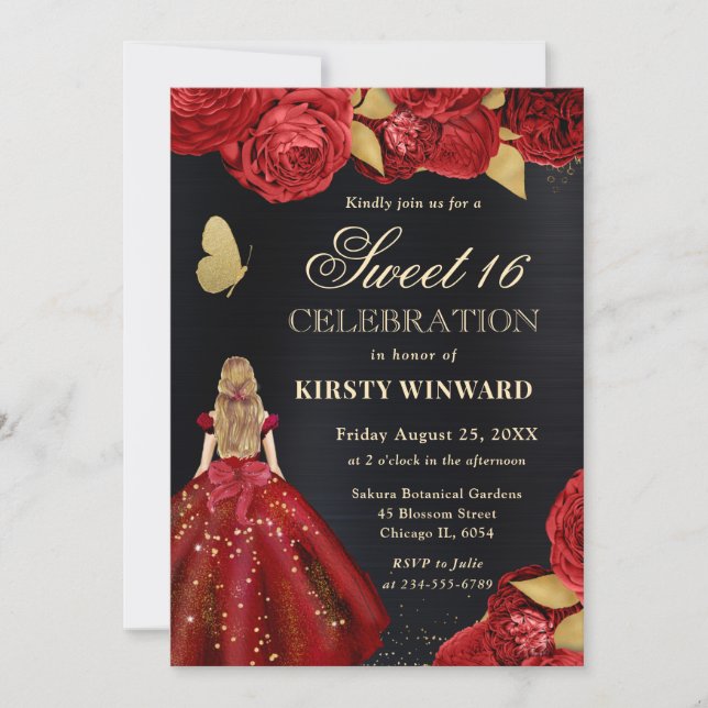 Robe Rouge Blonde Femme Fleurs Douce 16 Invitation (Devant)