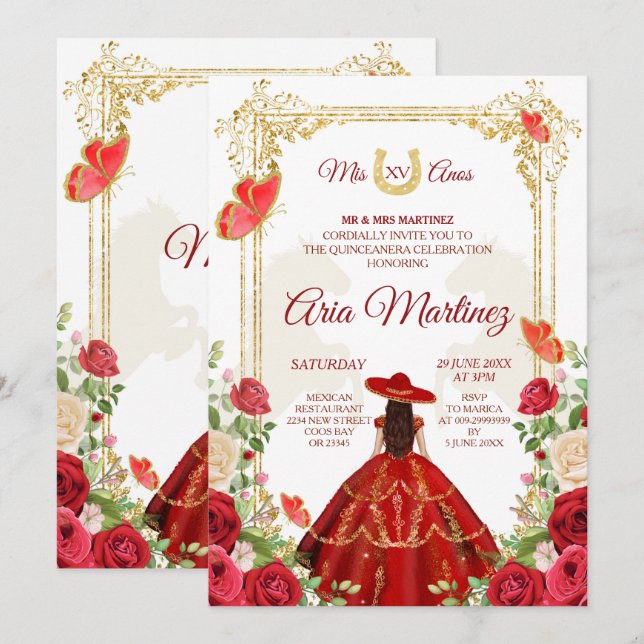 Robe Rouge Mexicaine fille Quinceanera Invitation (Devant / Derrière)