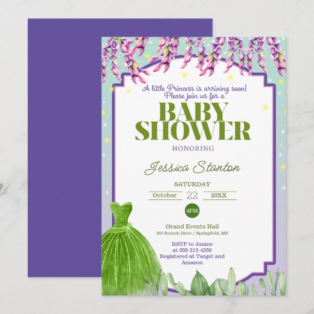 Robe verte violet et Baby shower rose Invitation (Devant / Derrière)