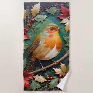 Robin Amidst the Holly and Poinsettia Beach Towel