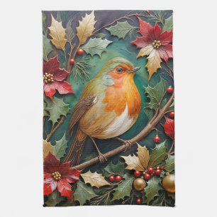 Robin Amidst the Holly and Poinsettia Kitchen Towel