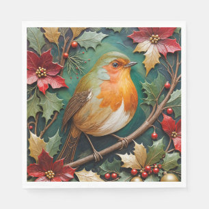 Robin Amidst the Holly and Poinsettia Napkin
