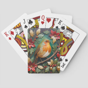 Robin Amidst the Holly and Poinsettia Playing Cards
