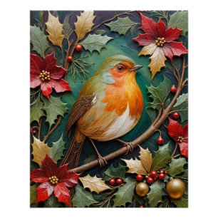 Robin Amidst the Holly and Poinsettia Poster