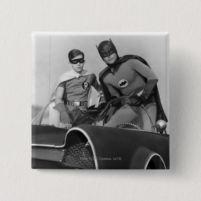 Robin and Batman Standing in Batmobile 2 Inch Square Button (Front)