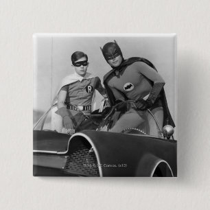 Robin and Batman Standing in Batmobile 2 Inch Square Button