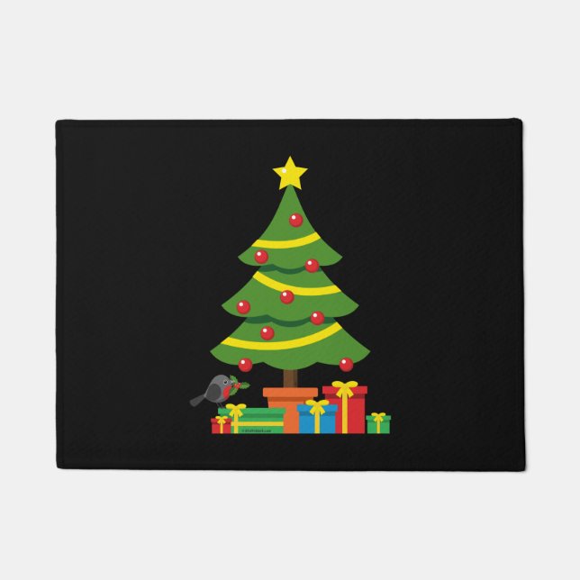 Robin And Colourful Presents Under Christmas Tree Doormat (Front)
