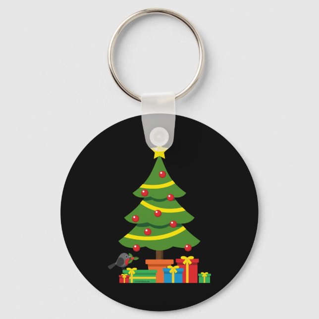 Robin And Colourful Presents Under Christmas Tree Keychain (Front)
