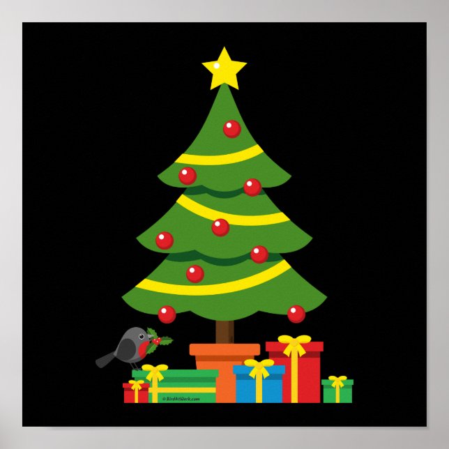 Robin And Colourful Presents Under Christmas Tree Poster (Front)