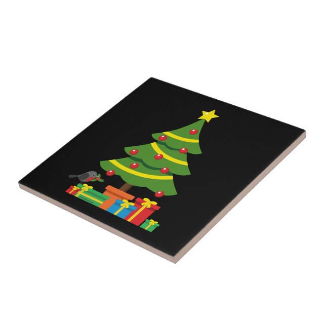 Robin And Colourful Presents Under Christmas Tree Tile (Side)