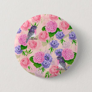 Robin and flowers, watercolor pattern 2 inch round button