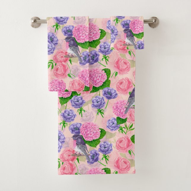Robin and flowers, watercolor pattern bath towel set (Insitu)