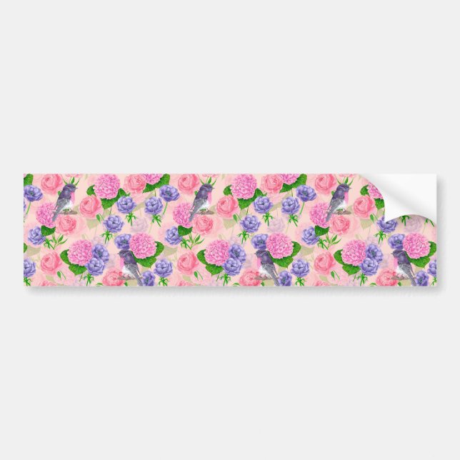 Robin and flowers, watercolor pattern bumper sticker (Front)