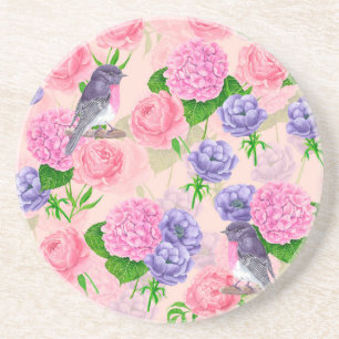 Robin and flowers, watercolor pattern coaster