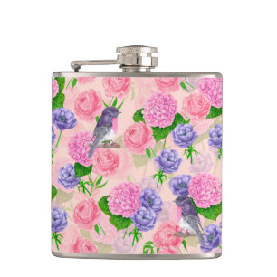 Robin and flowers, watercolor pattern hip flask