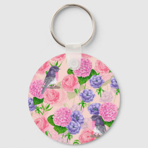 Robin and flowers, watercolor pattern keychain
