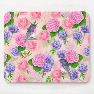 Robin and flowers, watercolor pattern mouse pad