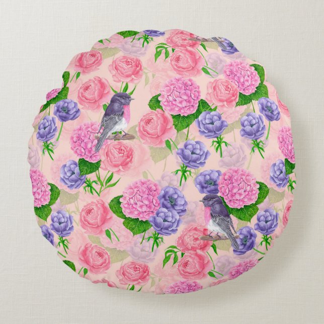 Robin and flowers, watercolor pattern round pillow (Front)