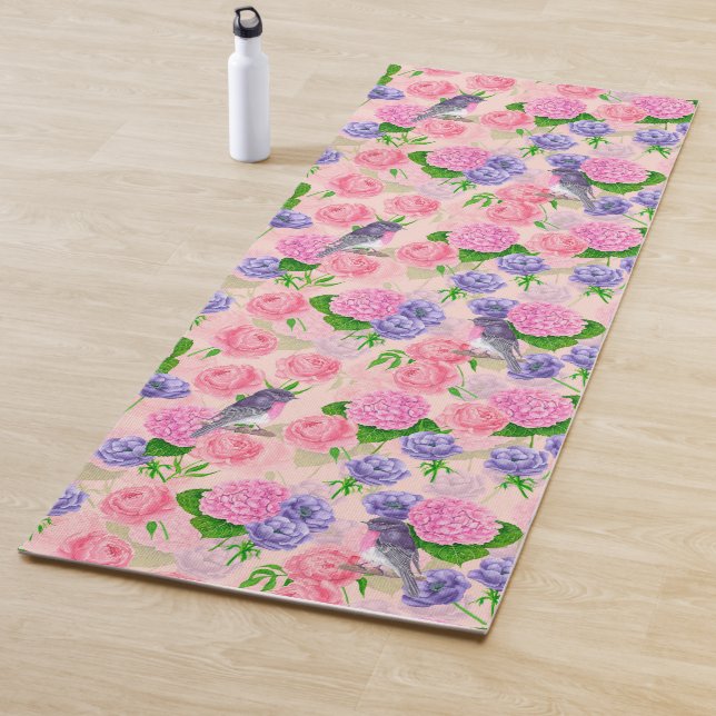 Robin and flowers, watercolor pattern yoga mat (In Situ)