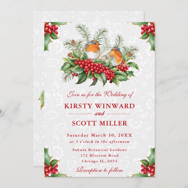 Robin and Holly Berry Christmas Wedding Invitation (Front/Back)