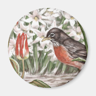 Robin and Red Tulips Spring Flowers Painting Magnet