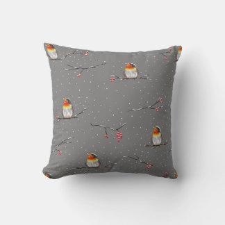robin and snow pattern throw pillow