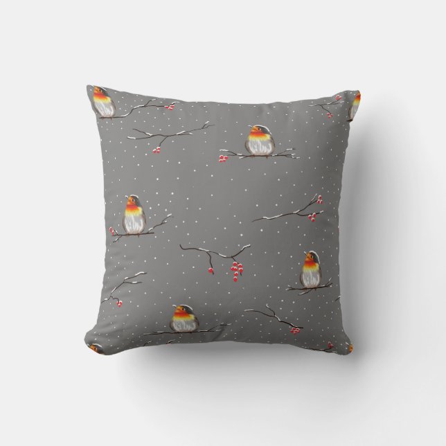 robin and snow pattern throw pillow (Front)