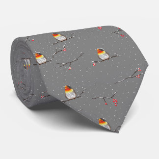 robin and snow pattern tie