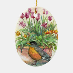 Robin and Tulips Ceramic Ornament