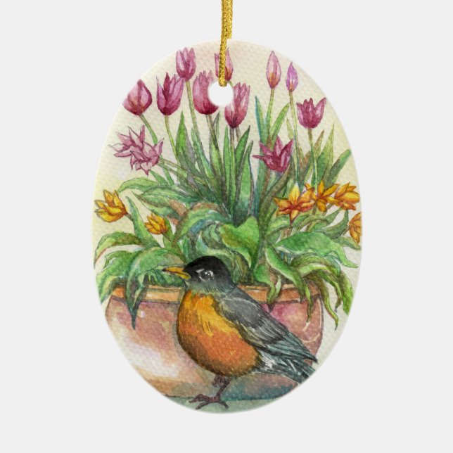 Robin and Tulips Ceramic Ornament (Front)