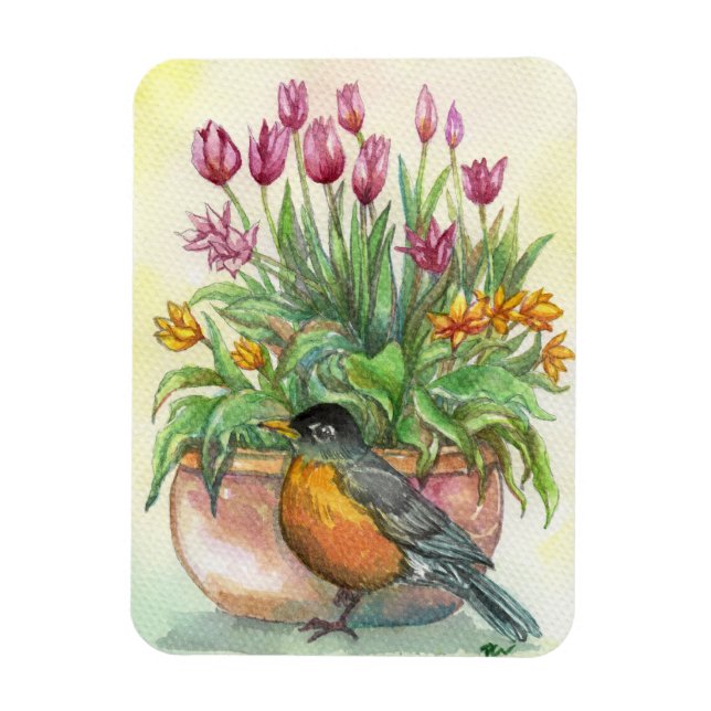Robin and Tulips Magnet (Vertical)