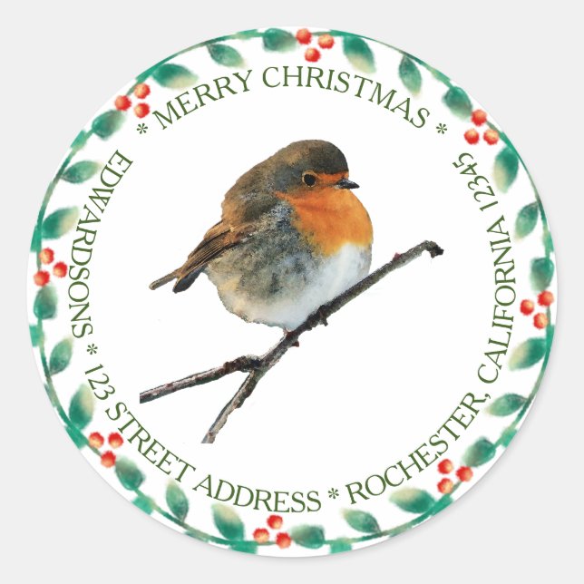 Robin bird family name Merry Christmas Classic Round Sticker (Front)