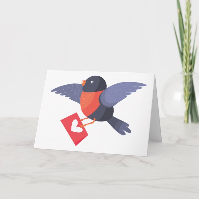 Robin Bird Flying with Red Heart Love Letter Card (Front)