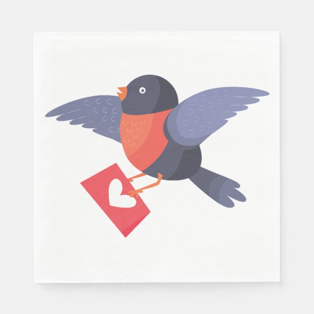 Robin Bird Flying with Red Heart Love Letter Napkin (Front)